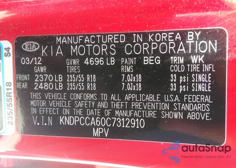 2012 Kia Sportage Sx z USA, uszkodzony, nr VIN KNDPCCA60C7312910